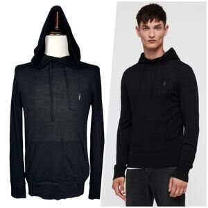 AllSaints | Men | Mode Black 100% Merino Wool Ramskull Hooded Sweater | Sz Small